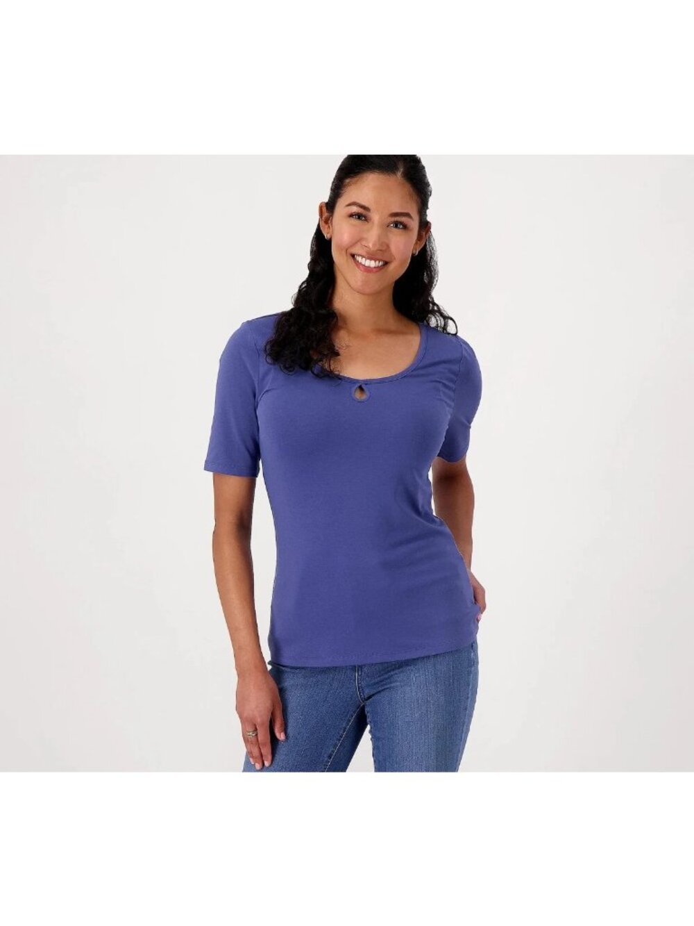 Candace Cameron Bure Tee XXS Scoop Neck Keyhole Short Sleeve Steel Blue Casual